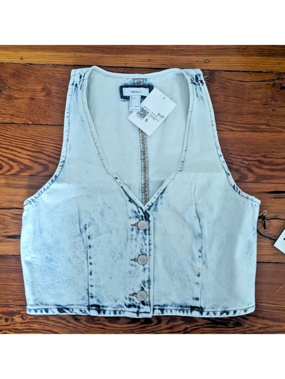 Bleach wash denim sleeveless button down cropped vest top Women's SMALL y2k 90s